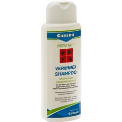 Weiße Flasche mit Tier-Shampoo gegen Ungeziefer, Marke Canina Verminex.