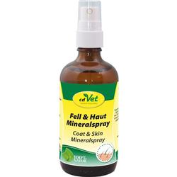Braune Sprühflasche mit gelbem Etikett und der Aufschrift "Fell & Haut Mineralspray".