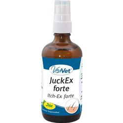 Braune Sprühflasche mit Etikett "JuckEx forte" gegen Juckreiz.