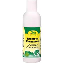 Weiße Shampoo-Flasche mit gelbem Etikett und grünem Logo.