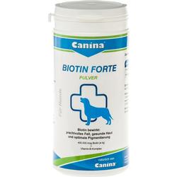 Dose mit Biotin-Pulver für Hunde zur Unterstützung von Fell und Haut.