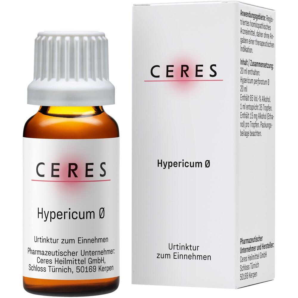 Braunes Fläschchen mit weißer Kappe und weißer Verpackung mit der Aufschrift "Ceres Hypericum Ø".