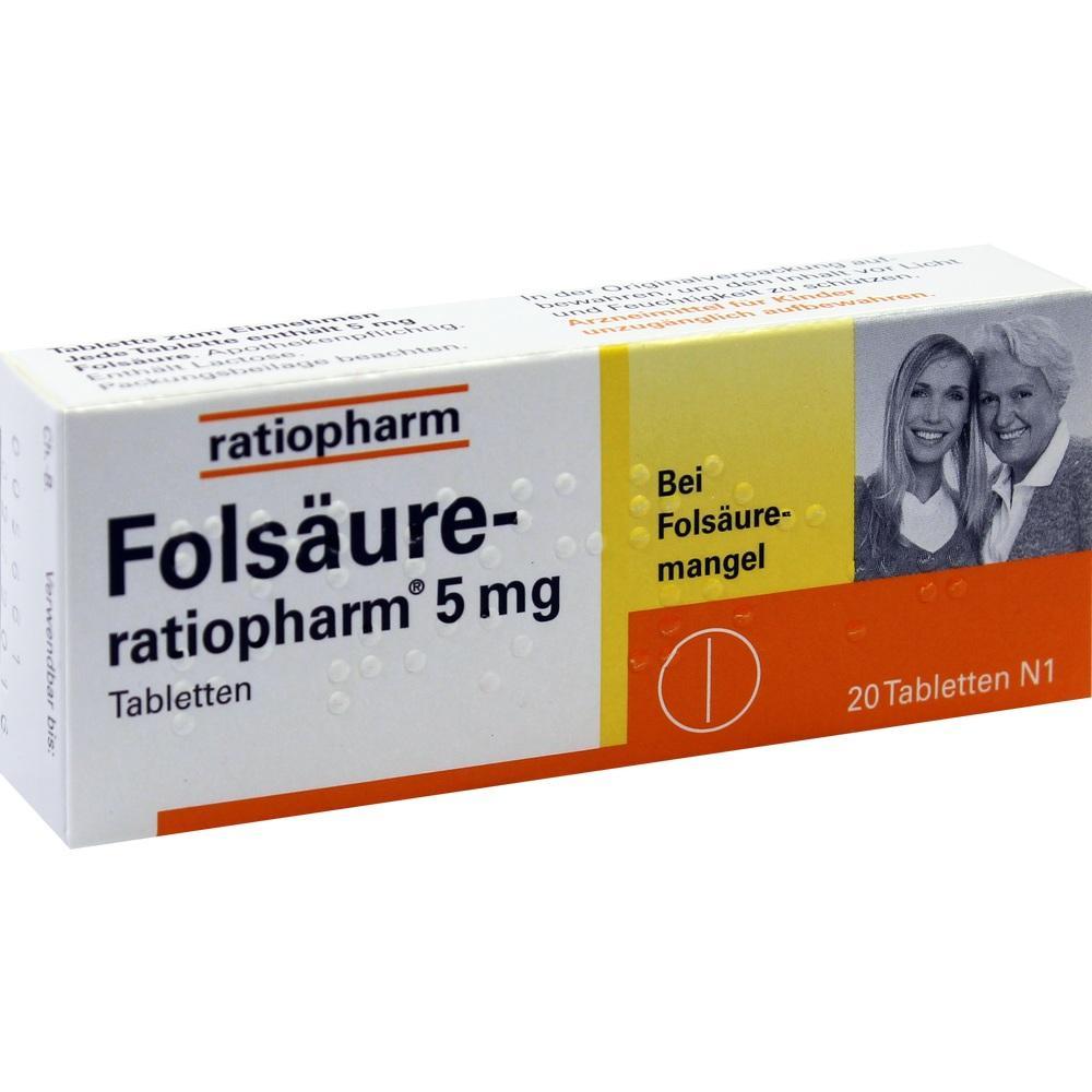 Schachtel mit Folsäure-Tabletten von Ratiopharm, 20 Stück gegen Folsäuremangel.