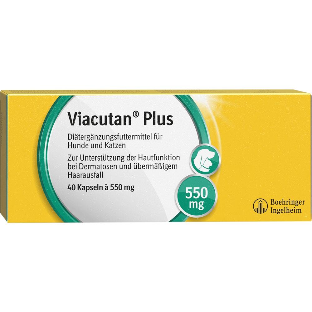 Gelbe Verpackung von Viacutan Plus für Hunde und Katzen, unterstützt Hautfunktion.