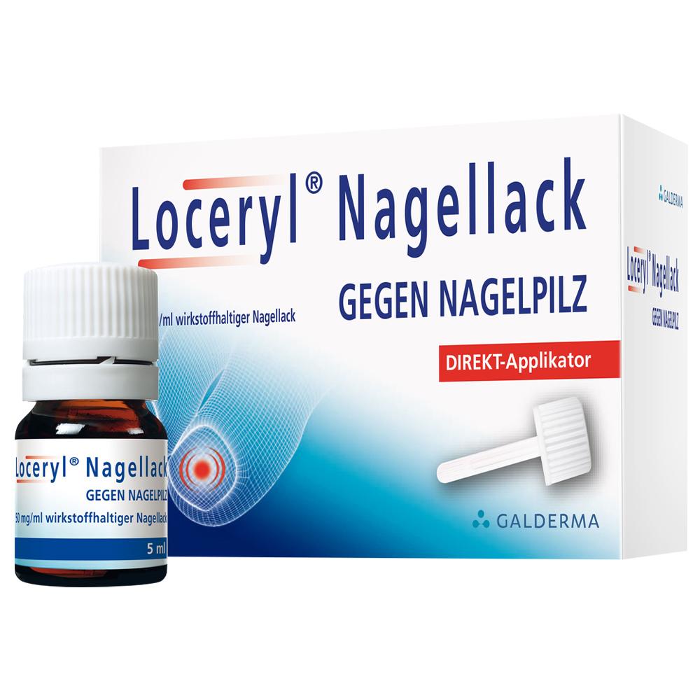 Eine Nagellack-Flasche und Verpackung gegen Nagelpilz.
