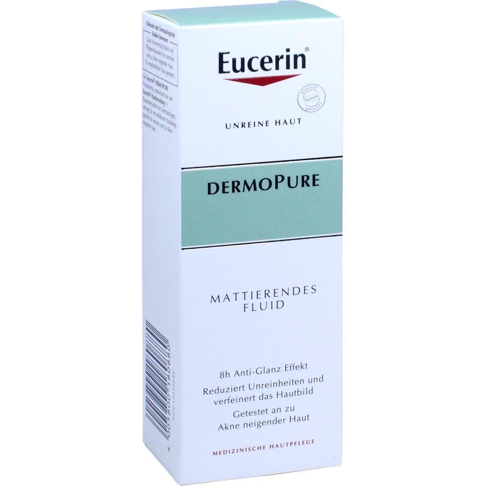 Weiße Verpackung mit der Aufschrift "Eucerin DermoPure Mattierendes Fluid für unreine Haut".