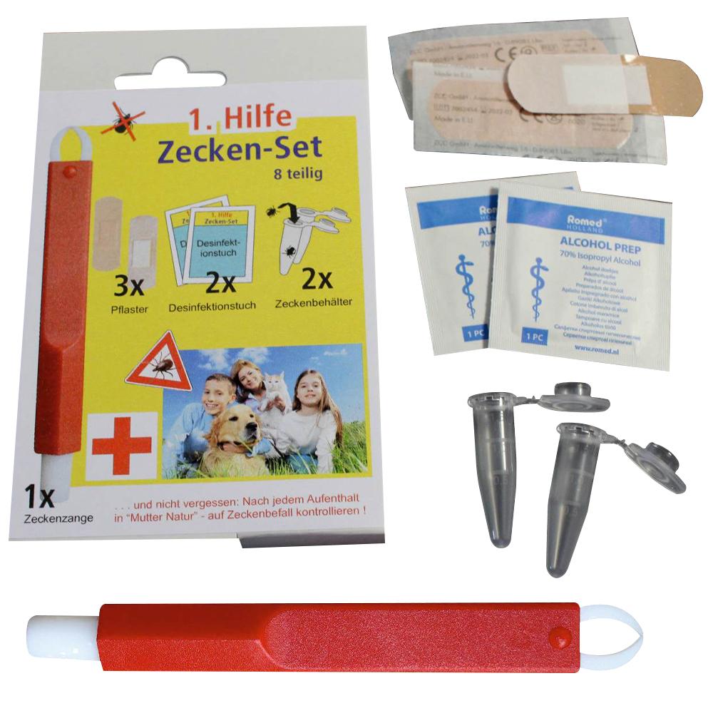 Ein Zecken-Set mit Pinzette, Pflastern und Desinfektionstüchern.
