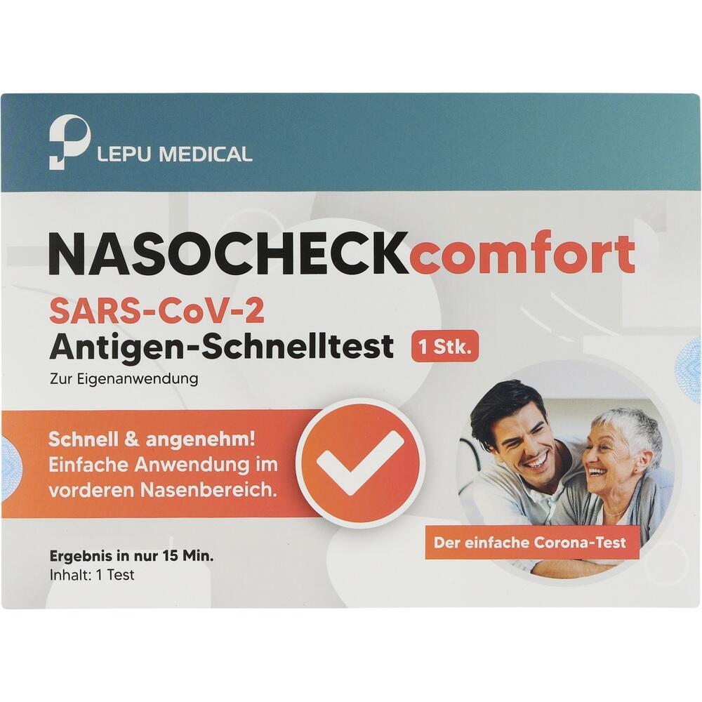 Verpackung eines Corona-Schnelltests zur einfachen Anwendung im Nasenbereich.