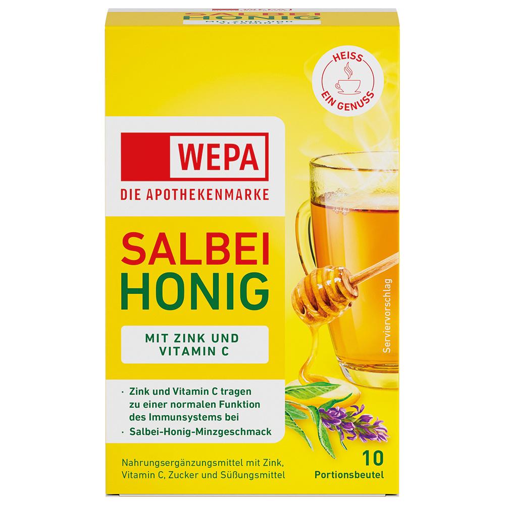 Gelbe Packung mit Salbei-Honig, Zink und Vitamin C für das Immunsystem.