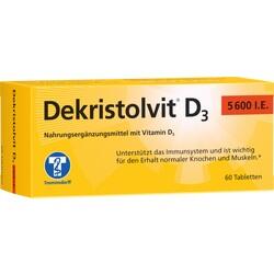 Gelbe Packung von Dekristolvit D3 mit 60 Tabletten zur Unterstützung von Immunsystem und Knochen.
