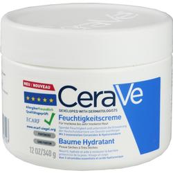 Weiße Creme-Dose mit blauer Aufschrift der Marke CeraVe.