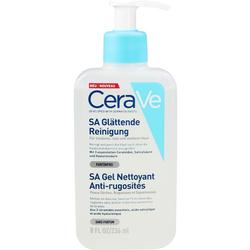 Eine Flasche CeraVe SA Glättende Reinigung mit einem blauen Pumpspender.