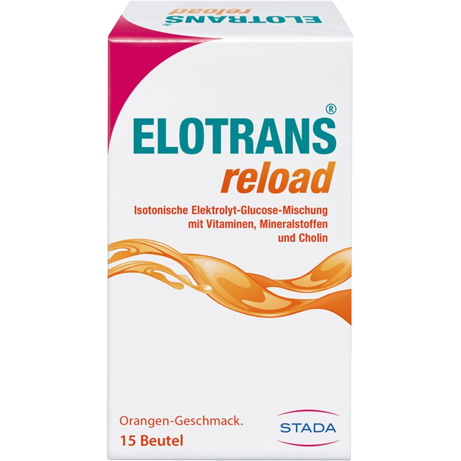 Weiße Verpackung von Elotrans reload mit Orangengeschmack.